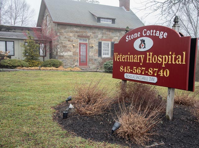 Outside view of the front entrance of Stone Cottage Veterinary Hospital