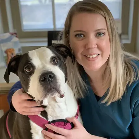 A woman in a blue shirt smiling while holding a large black and white dog.