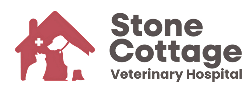 Logo of Stone Cottage Veterinary Hospital with a cat, dog, and vet under a house shape.