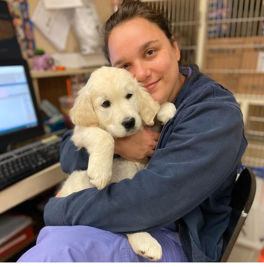 Woman holding a small white puppy in her arms.